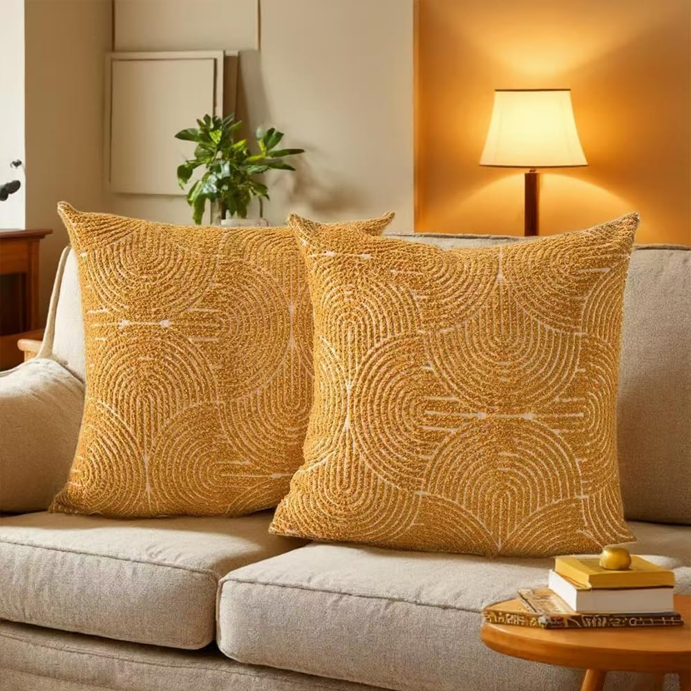2 Pack Boho Chenille Throw Pillow Covers Jacquard Square Pillow Cases for Couch Sofa Bed Living Room, 18x18 Inch