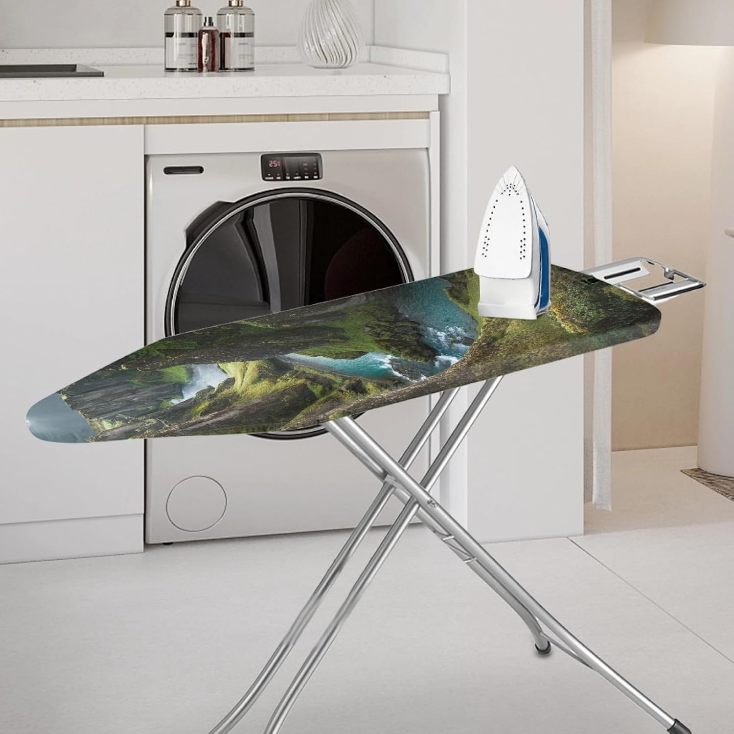 Large Ironing Board Cover and Pad 59x19 Blue Green River Iron Table Cover with Padding,Extra Wide,Resist Scorching and Staining,Heatproof,Adjustable Fastener Durable Stain