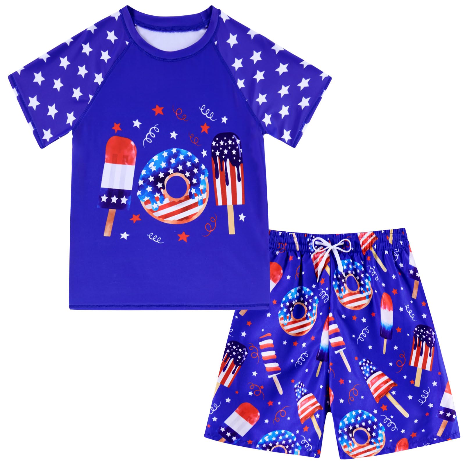 Boys Short Sleeve Rash Guard Swimsuit Set with Swim Trunks for 4-12 Years