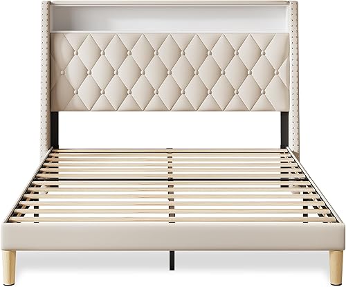 Miniatura 7 de WLIVE Base de cama tapizada tamaño Queen con cabecera de ala de 48 pulgadas de alto, cama cuadrada de terciopelo con estación de carga, soporte de