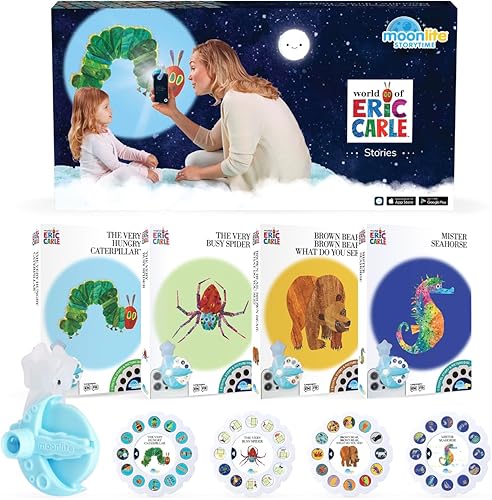 Moonlite Storytime Mini proyector con 4 historias de Eric Carle, una forma mágica de leer juntos, libros de cuentos digitales, efectos de sonido