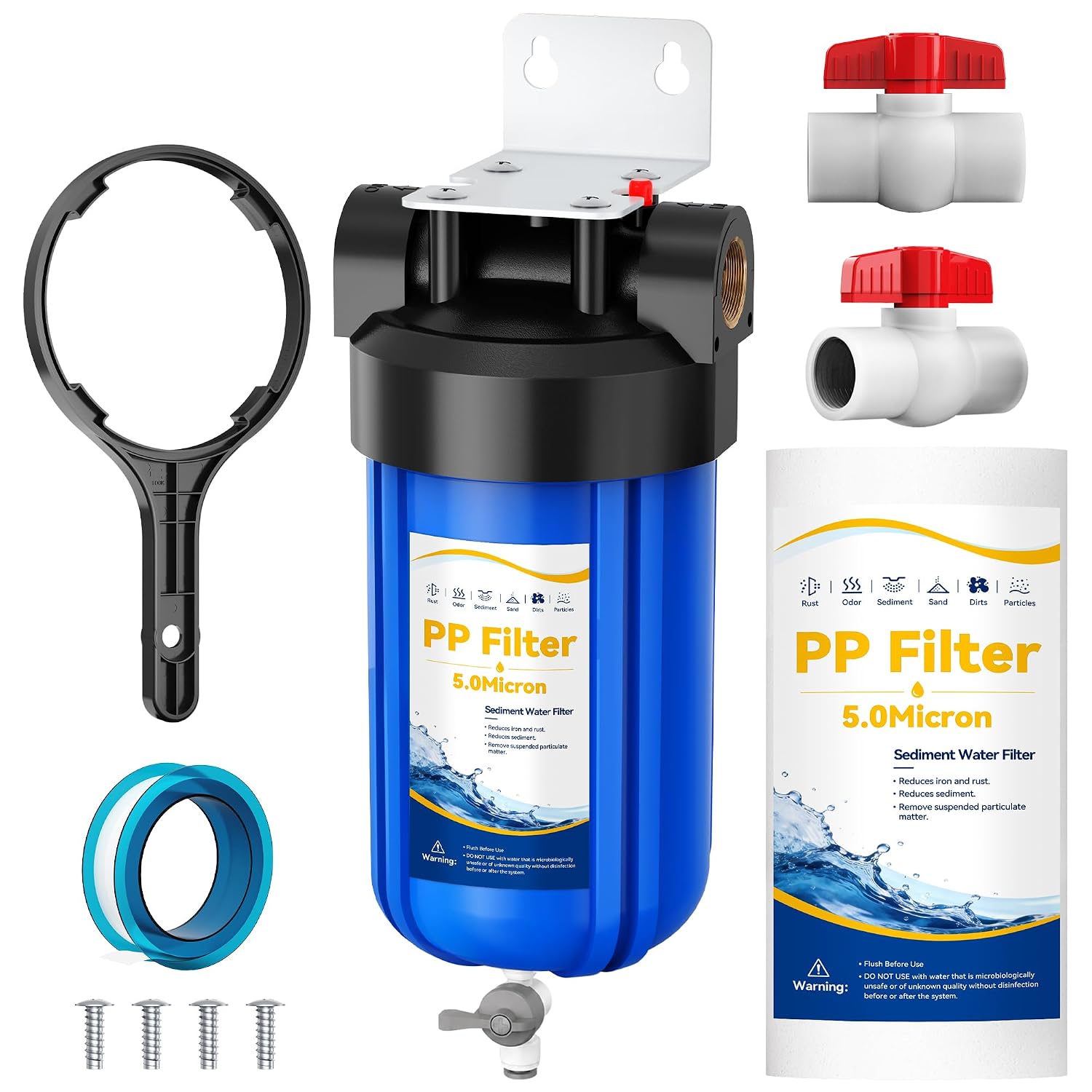 Whole House Water Filter System, Big Blue 10"x4.5" with PP Sediment Filter | 1" FNPT inlet/outlet fits whole house plumbing，bottom drain valve for easy flushing，ideal for city and well water filtration