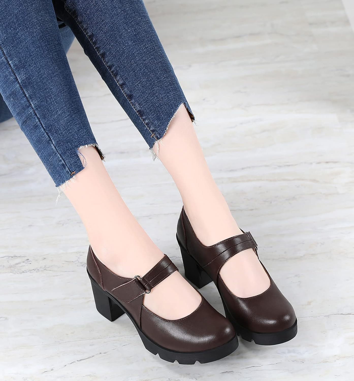 DADAWEN Women's Leather Classic Mid Heel Mary Jane Square Toe Oxfords Platform Dress Pumps Shoes - Image 3