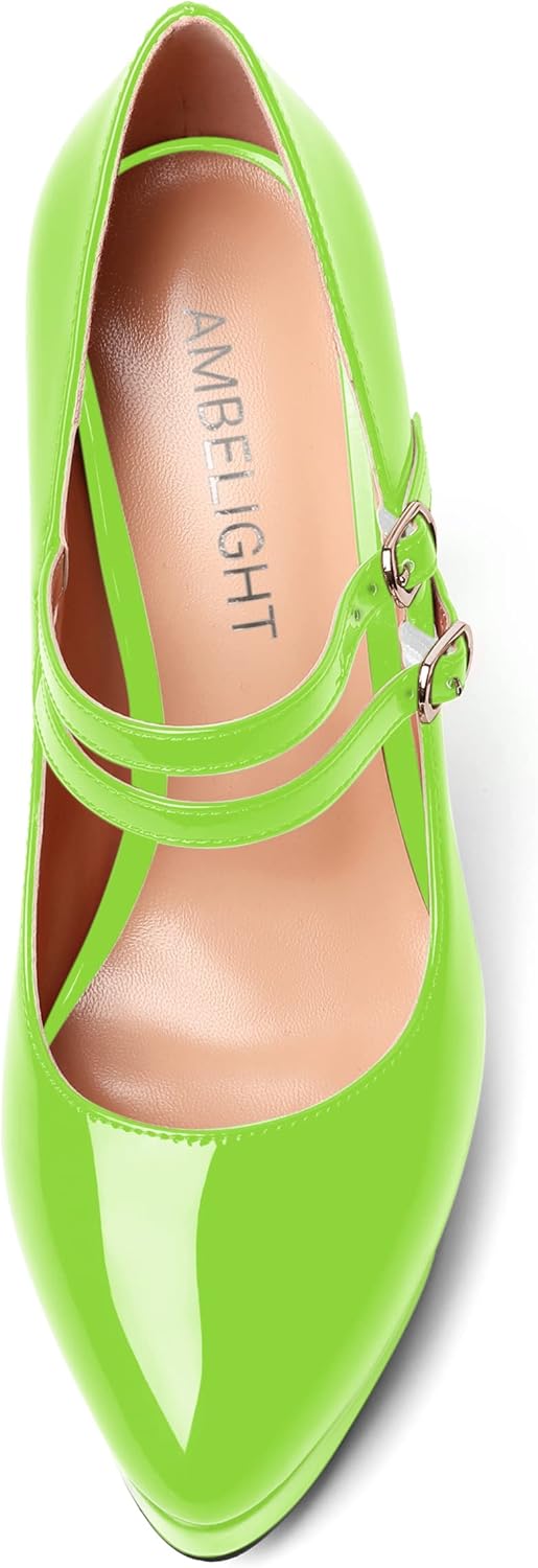 AMBELIGHT Womens Platform Pointed Toe Solid Buckle Party Patent Ankle Strap Dress Stiletto High Heel Pumps Shoes 4.7 Inch
