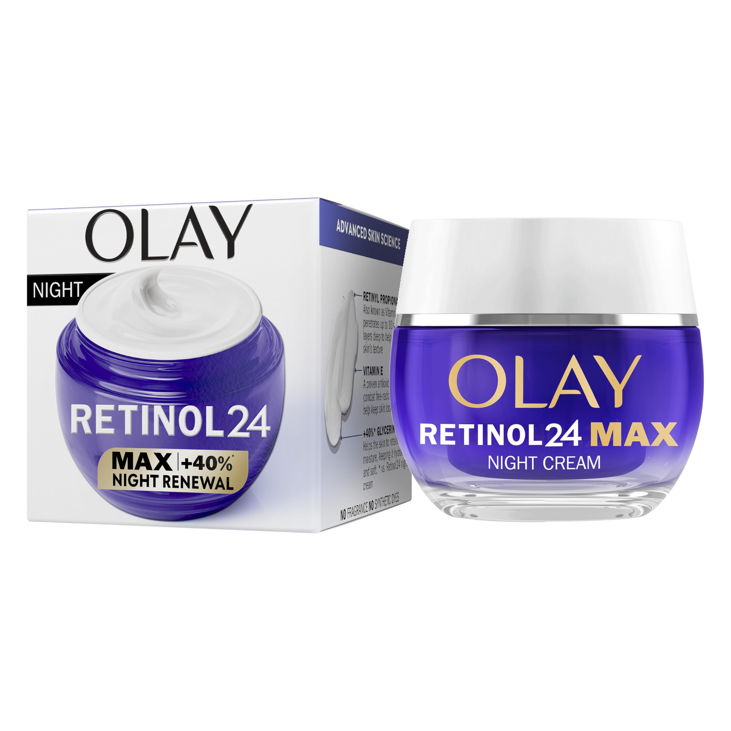 Olay Retinol 24 MAX Crème de nuit hydratante anti-âge pour femme avec vitamine E antioxydante et 40% de glycérine, lisse, renouvelle et hydrate pendant la nuit 50 ml