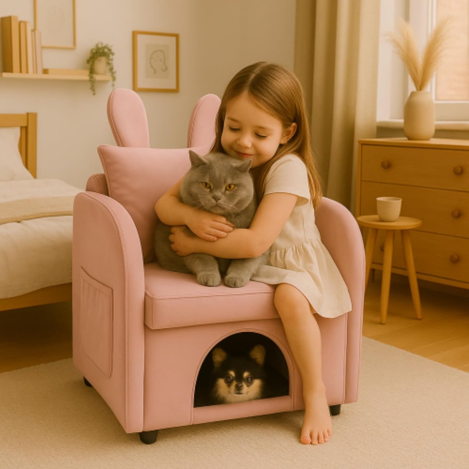 Pink Bunny Ear Pet Friendly Armchair with Built in Cat Dog Hideaway, Cozy Dual Use Sofa Chair with Side Pocket, Upholstered Single Sofa Chair for Living Room Bedroom Office (Dark Gray)