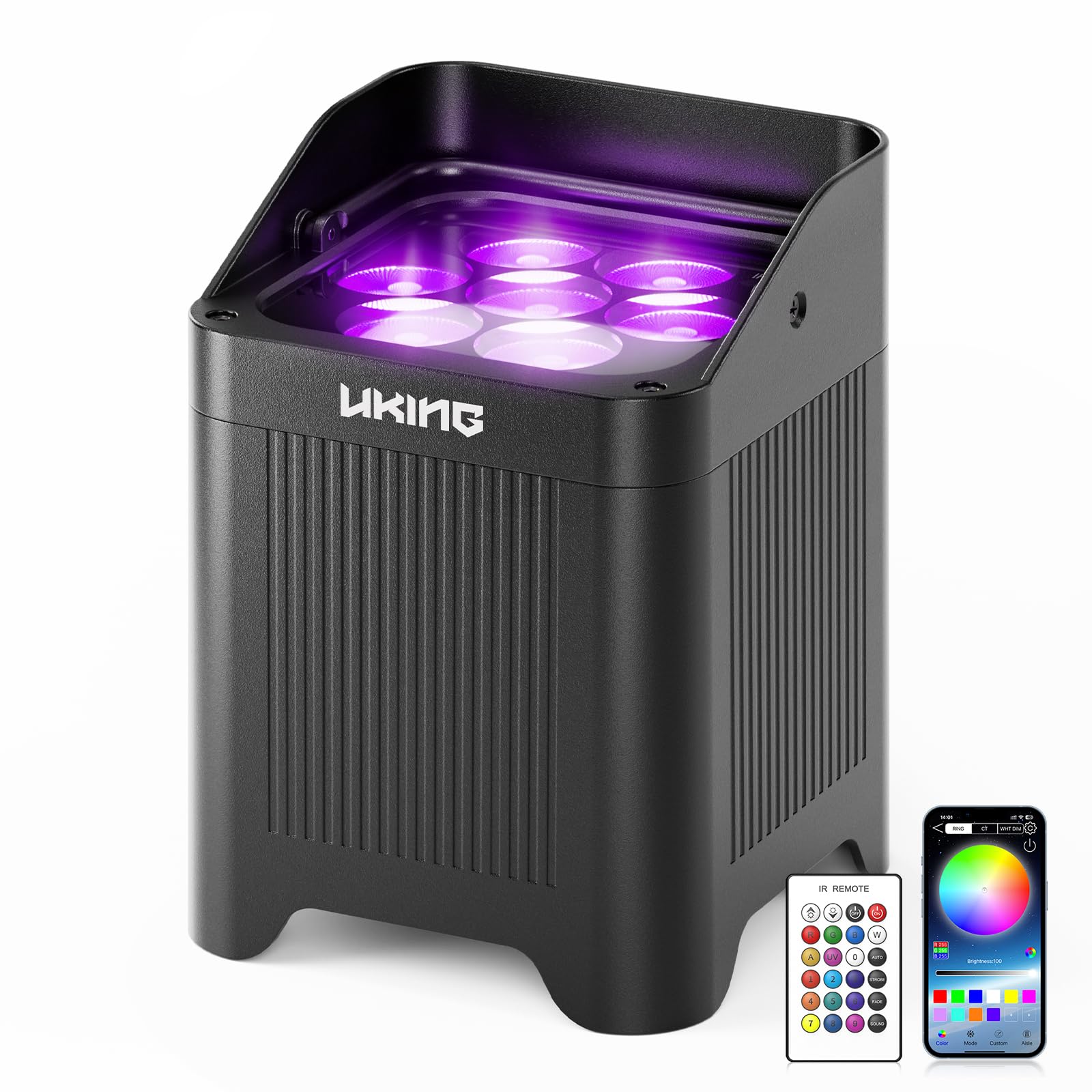 U`King Akumulator LED RGBWA+UV, 140 W IP65 Wodoodporna lampa sceniczna z akumulatorem 8800 mAh, obsługuje D MX Bezprzewodowy 2.4G Pilot na podczerwień Aplikacja na wesele, imprezy plenerowe