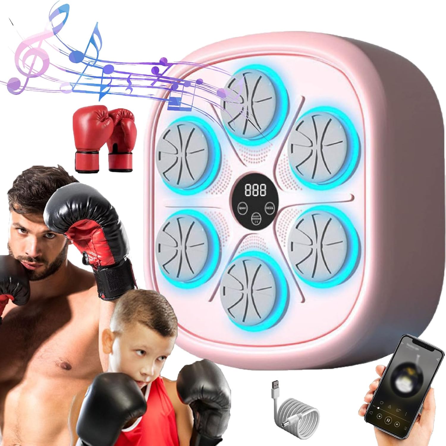 Blue Tooth Boxing Machine, 2025 New Musical Boxing Target for Kids, Smart Music Boxing Machine with Boxing Gloves, Wall Mounted Punching Music Boxing Machine with LED, for Kids Adult