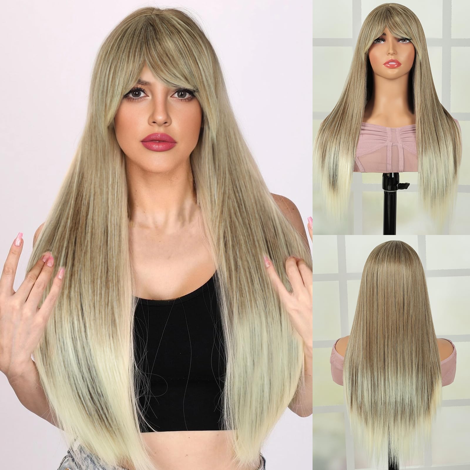 QUEENTAS Long Blonde Wigs for Women with Fringe Synthetic Striaght Wig for Daily Cosplay Party Halloween Wig (24 Inch Brown to Blonde)