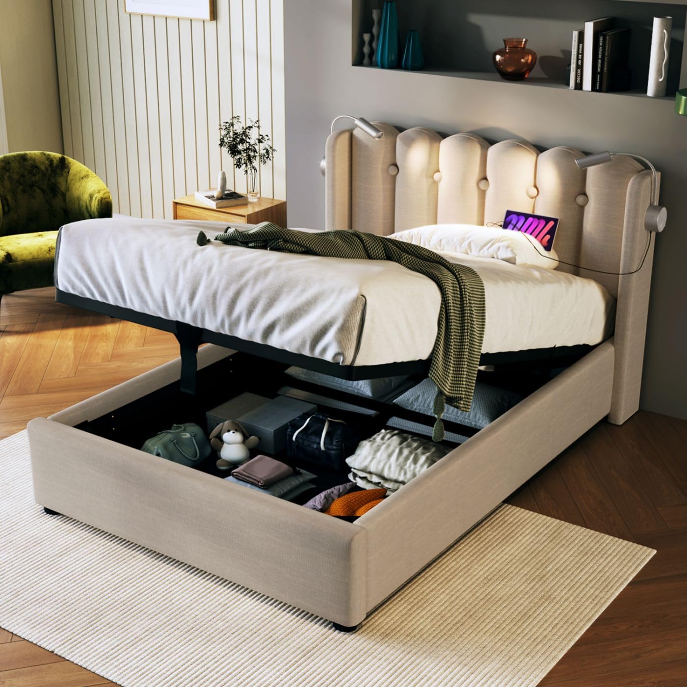 Cadre De Lit Avec Rangement Hydraulique 90x200 Cm - Tête De Lit Rembourrée, Ports USB/Type-C, éclairage LED - Gris