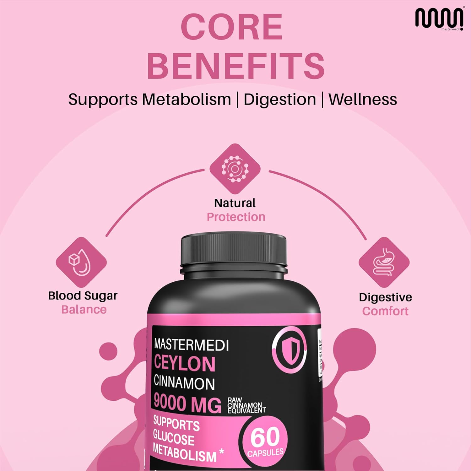 mastermedi Ceylon Cinnamon 9000mg – 20:1 Extract – Supports Glucose Metabolism, Heart Health & Digestion – 60 Vegan Capsules, 2-Month Supply – True Cinnamon, Non-GMO - Image 4