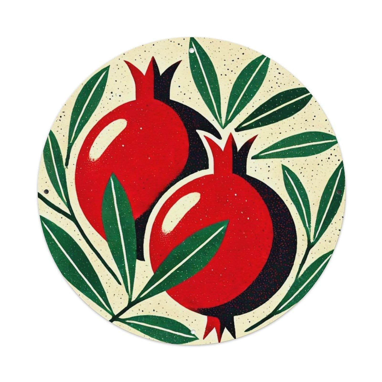 Red Pomegranates With Green Leaves Tin Sign Metal Poster Vintage Metal Signs for Home Man Cave Bar Cafe Kitchen laundry room Wall Decorations 8x8 inches