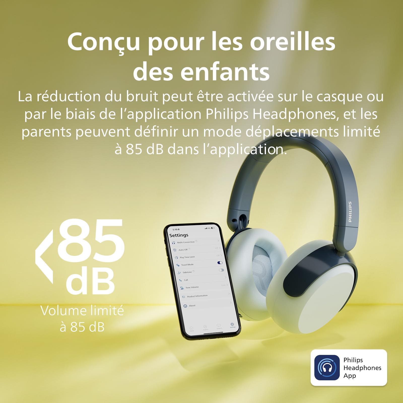 Philips TAK5500RT série 5500 Casque Supra-aural Pliable sans Fil Bluetooth 5.4 à réduction de Bruit pour Enfants, 34 Heures d’autonomie avec ANC, Volume limité, Partage Audio, câble USB-C Inclus