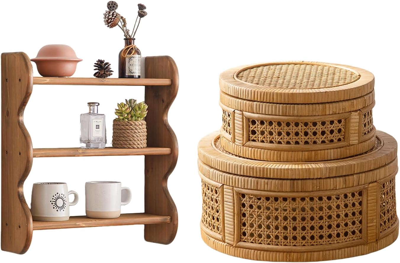 3-Tier Solid Wood Wall Shelf,Rattan Decorative Box,Boho Display Boxes with Lids, Set of 2 Rectangular Wicker Storage Basket