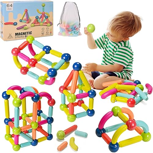 MONT PLEASANT Juego de 64 bolas magnéticas y varillas para niños juguetes de construcción educativos palos magnéticos 3D rompecabezas de