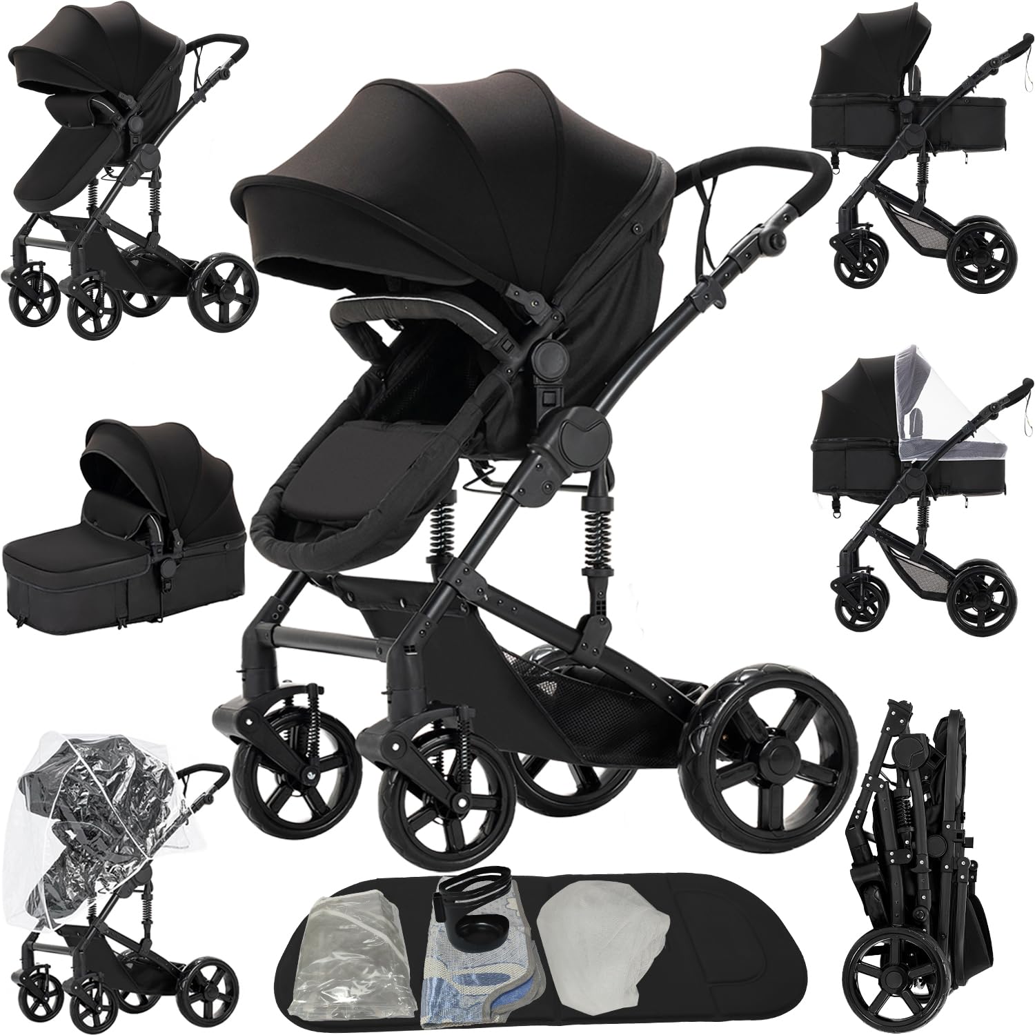 MoLi 2 in 1 Baby Bassinet Stroller, Convertible Foldable Standard Stroller, Reversible Pushchair Infant Buggy Carriage, Portable High Landscape Pram for Toddler Newborn, Aluminum Alloy (2US588-BLACK)