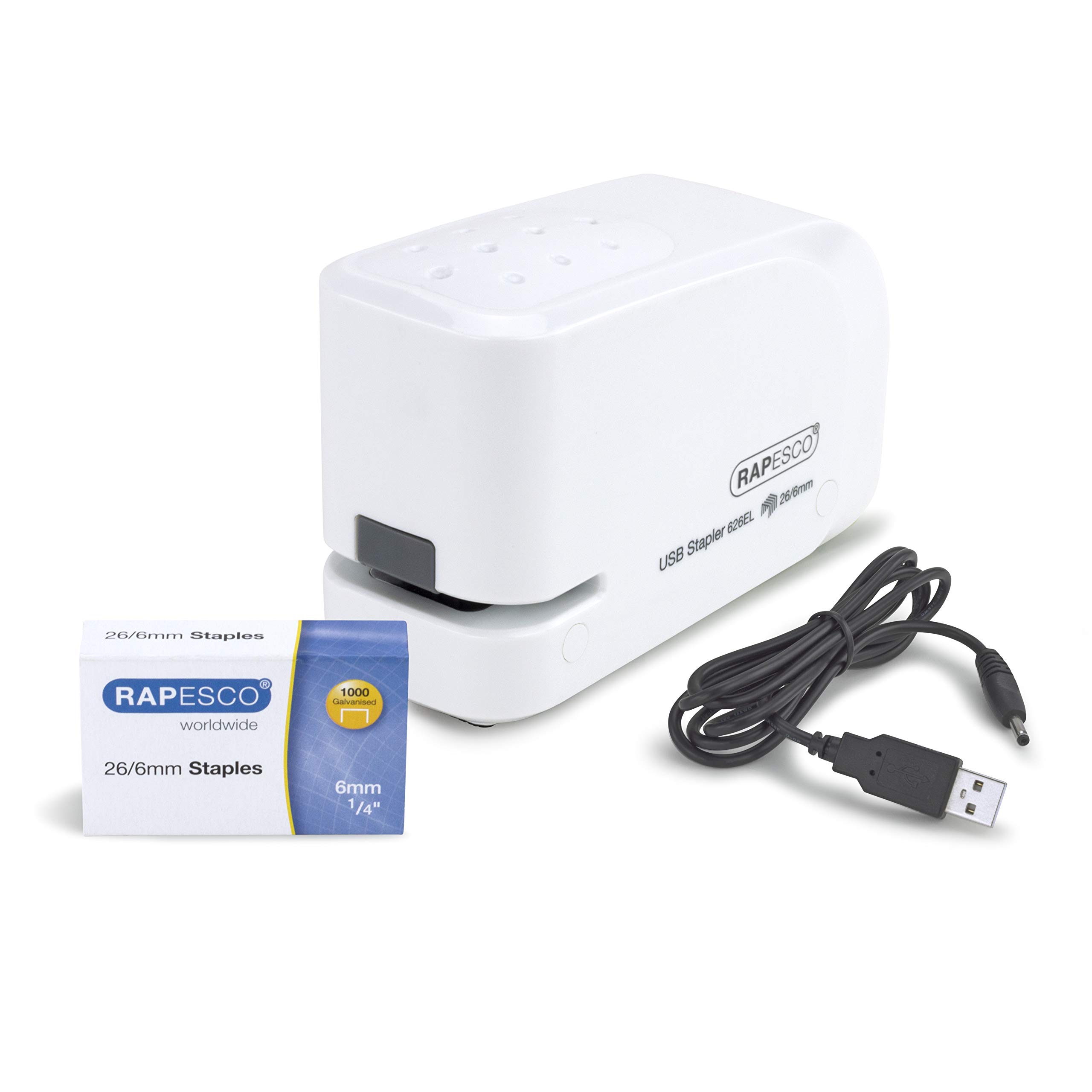 Rapesco 1453 626EL Grapadora Automática USB/Batería con 1000 Grapas 26/6mm, Capacidad para 15 Hojas, Blanco