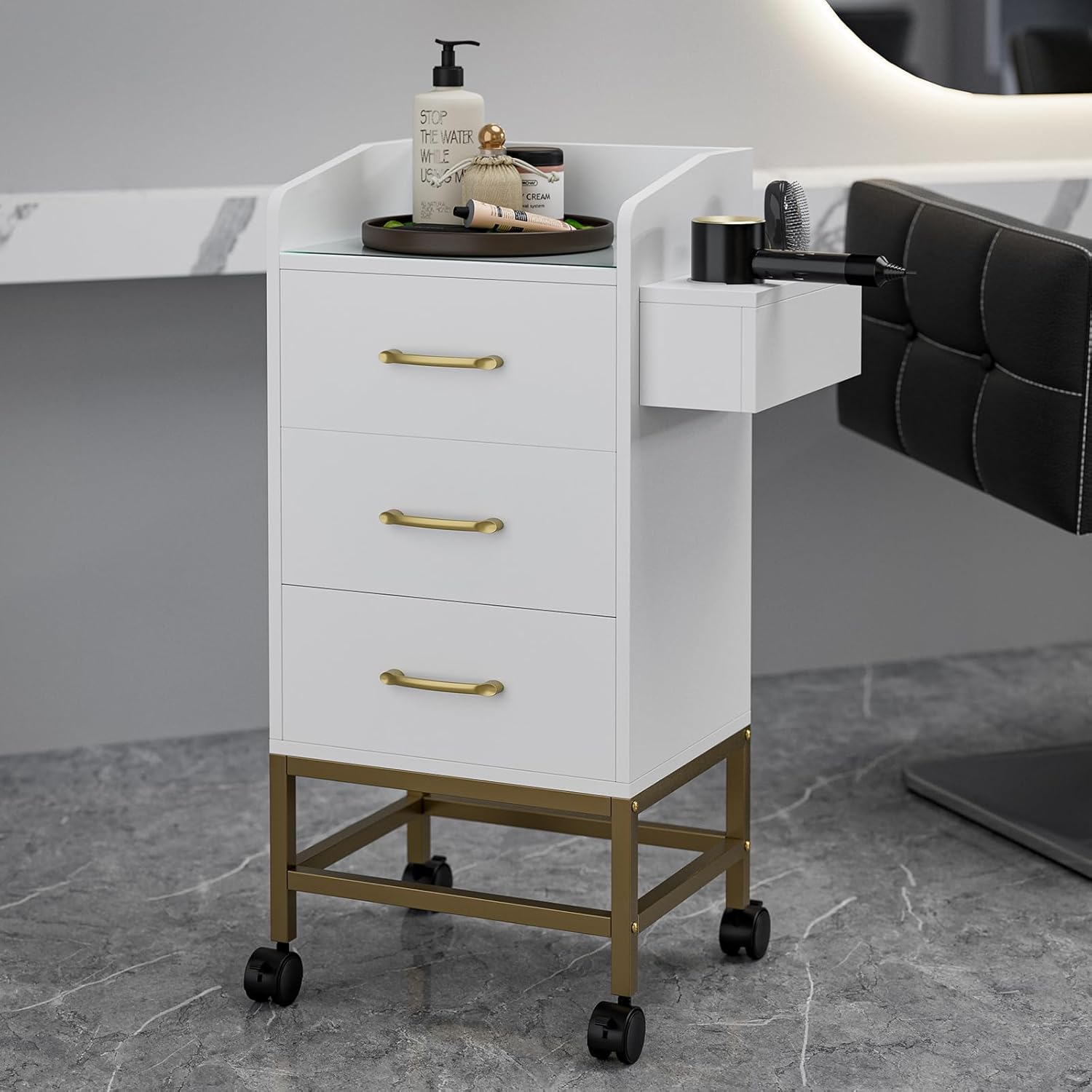 Salon Station for Hair Stylist, White Beauty Barber Storage Systems on 4 Lockable Wheels, Modern Salon Workstation, Rolling Beauty Cabinet Cart with 3 Drawers and 3 Hair Dryer Holders
