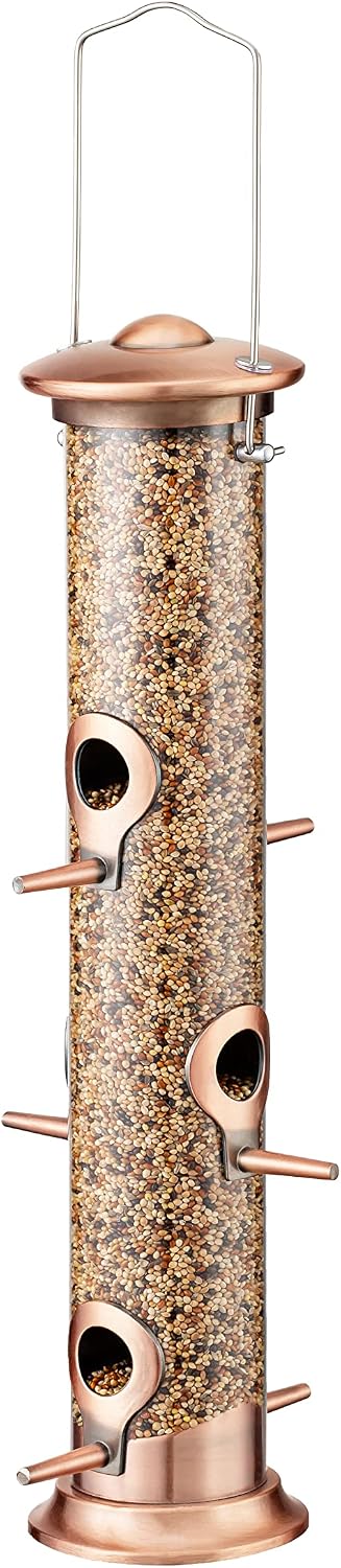 iBorn Aluminium Metal Bird Feeders for Outside Hanging Never Rust Bird Feeder Heavy Duty for Wild Birds,Brushed Copper Finishing 14 Inch 6 Port (Seed is not Included)