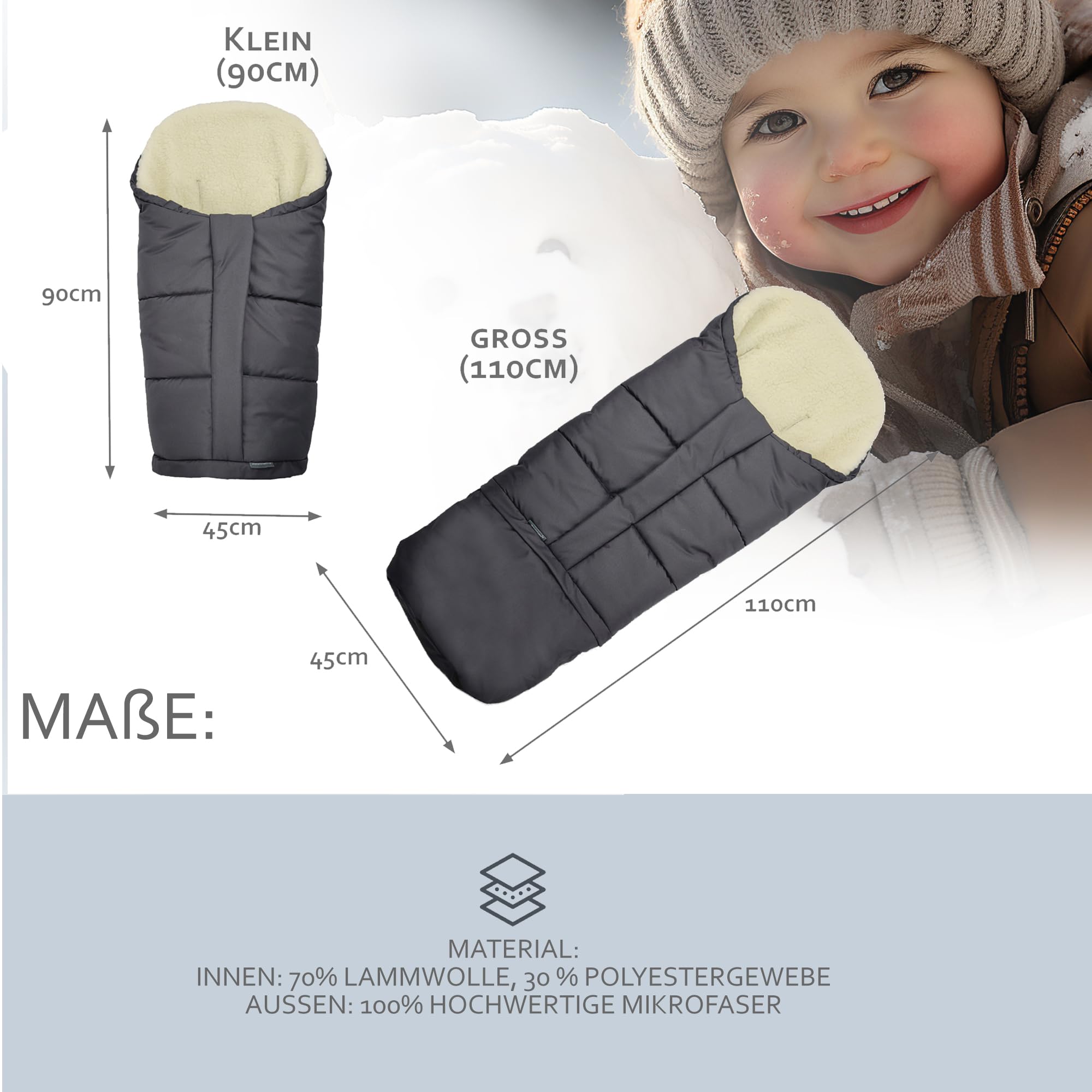 BambiniWelt by Rafael K. Winterfußsack – universaler Fußsack für Kinderwagen, Buggy & Schlitten in Mumienform – Lammwolle, größenverstellbar (90–110 cm), warm, waschbar & windabweisend (schwarz)