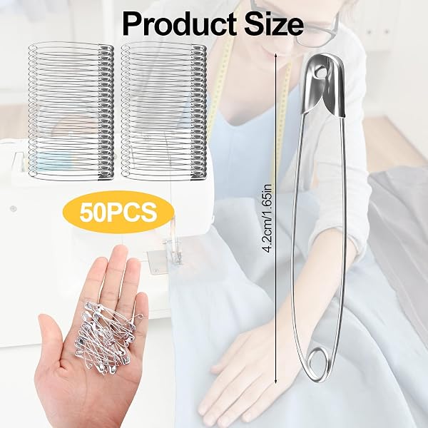 50 Pièces Épingle à Nourrice 45mm, Épingles de Sûreté en Métal Argenté Résistantes à la Rouille, Grosse Epingle a Nourrice pour Couture, Vêtements, Artisanat et Tricot (9.5x45mm) - 2