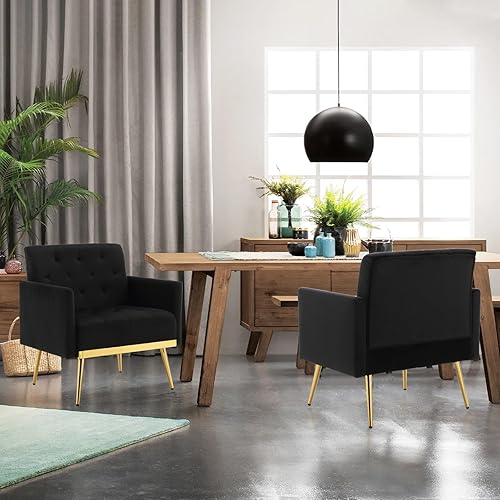 Miniatura 14 de Juego de 2 sillas decorativas de terciopelo, modernos sillones copetudos con botones y patas de metal, pequeñas y cómodas sillas tapizadas para sala