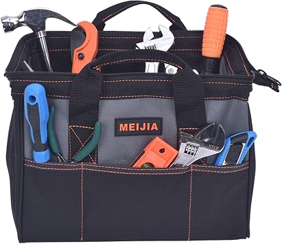 MEIJIA Portable Waterproof Tool Bag, Wide Mouth Open, Multi Inside Pockets for Tool Storage 12"