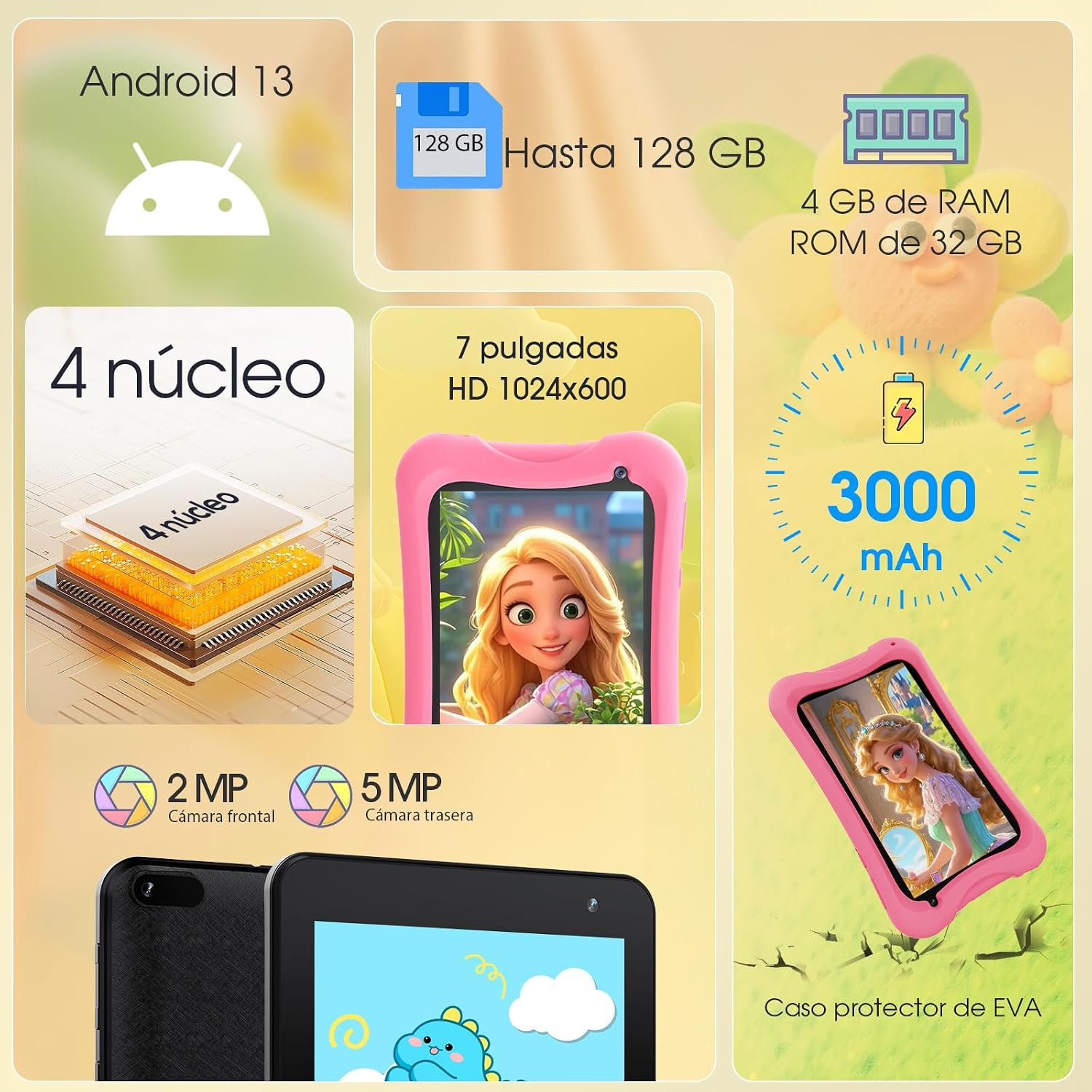 DigiLand Android Kids Tablet, 7 inch Android Tablet for Kids, 4GB + 32GB, Parental Control, 3000mAh Battery, Dual Camera, BT 5.0 & WiFi, Xmas Gift
