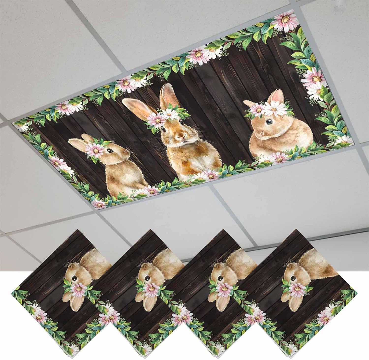 2x4 ft Fluorescent Light Cover for Ceiling Easter Rabbits Green Leaves Pink Daisy Magnetic Light Filters, Brown Wood Board Ceiling Lampshades for Home School Office 4Pcs