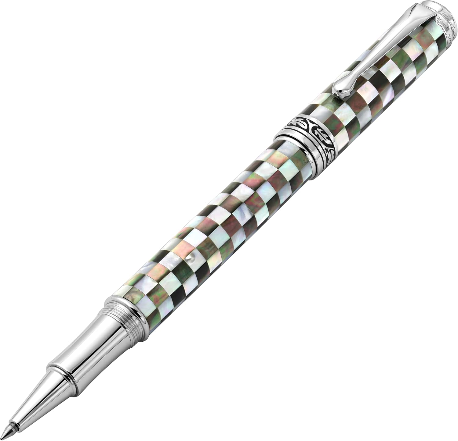 Xezo Maestro Jubilee Rollerball Pen, Fine Point. Checkered Oceanic White Mother of Pearl and Iridescent Black Tahitian Mother of Pearl Shell. Limited Edition, Only 223 Pieces Made. No Two Pens Alike