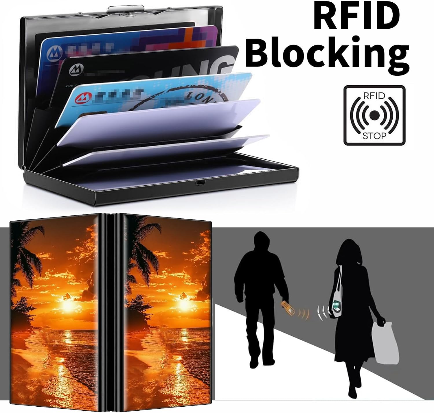 Metal Wallet, Credit Card Holder for Women Men Girls, RFID Blocking Aluminum Wallet Slim Hard Case, Mini Travel Wallet, ID Card Holder Business Card Case,Sunset Sea Beach