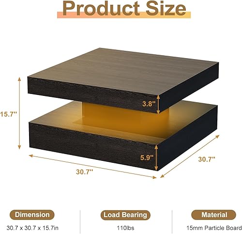 Miniatura 2 de Mesa de café LED negra para sala de estar, mesa cuadrada de sala de estar con almacenamiento, mesa central de madera moderna de alto brillo con