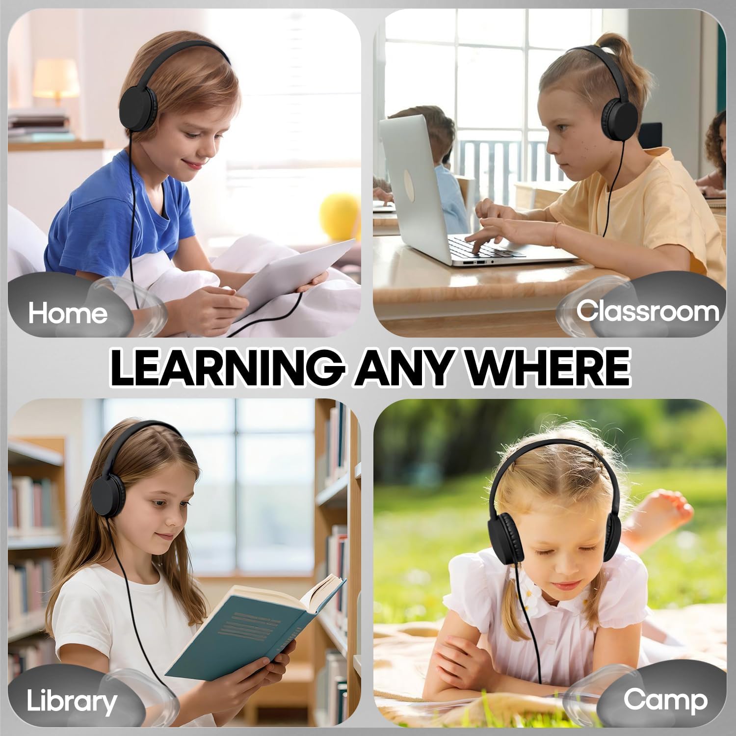 Classroom Headphones Bulk 25 Pack for Students School Kids, Wholesale Sturdy On-Ear Wired Earphones for Children Toddler Teens Boys Girls and Adult 3.5mm Plug Black