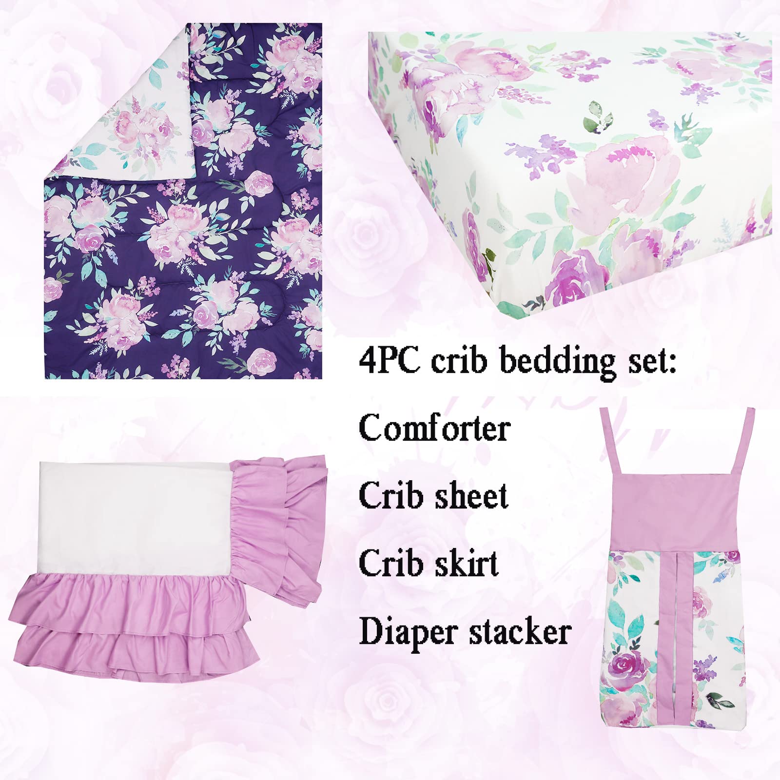 Condition photo showing As Is for tanofar 4 piece crib bedding set for girls, purple flower quilt, crib skirt, diaper stacker, soft microfiber comforter, cotton