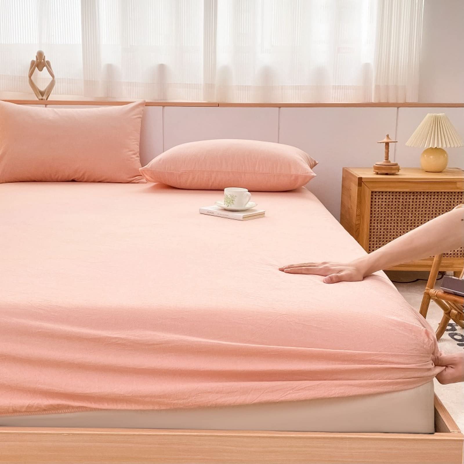 Sábanas bajeras de colchón de algodón puro de color sólido, protector de colchón para dormitorio, hotel, algodón lavado, funda de almohada a cuadros, marrón, 120 x 200 cm (2 unidades)