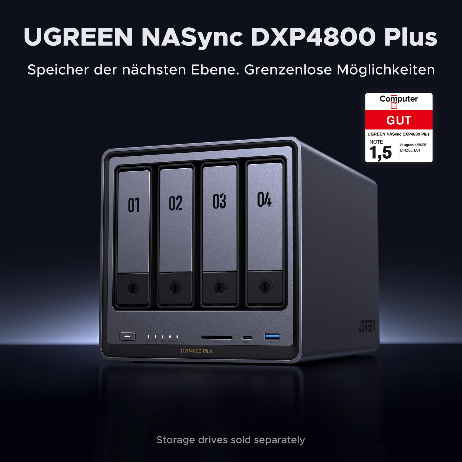 UGREEN NASync DXP4800 Plus, 4-Bay Desktop-NAS, Intel Pentium Gold 8505 Prozessor mit 5 Kernen, 8 GB DDR5 RAM, Eingebaute 128GB-SSD, 10GbE & 2.5GbE LAN, 2 × M.2 NVMe-Slots, HDMI 4K (ohne Festplatten)