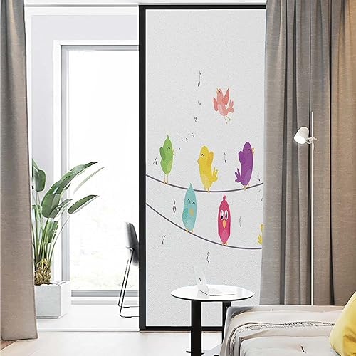 Miniatura 3 de Película de privacidad con patrón de pájaro en un alambre, animales alados de dibujos animados y notas musicales sobre fondo liso, película de