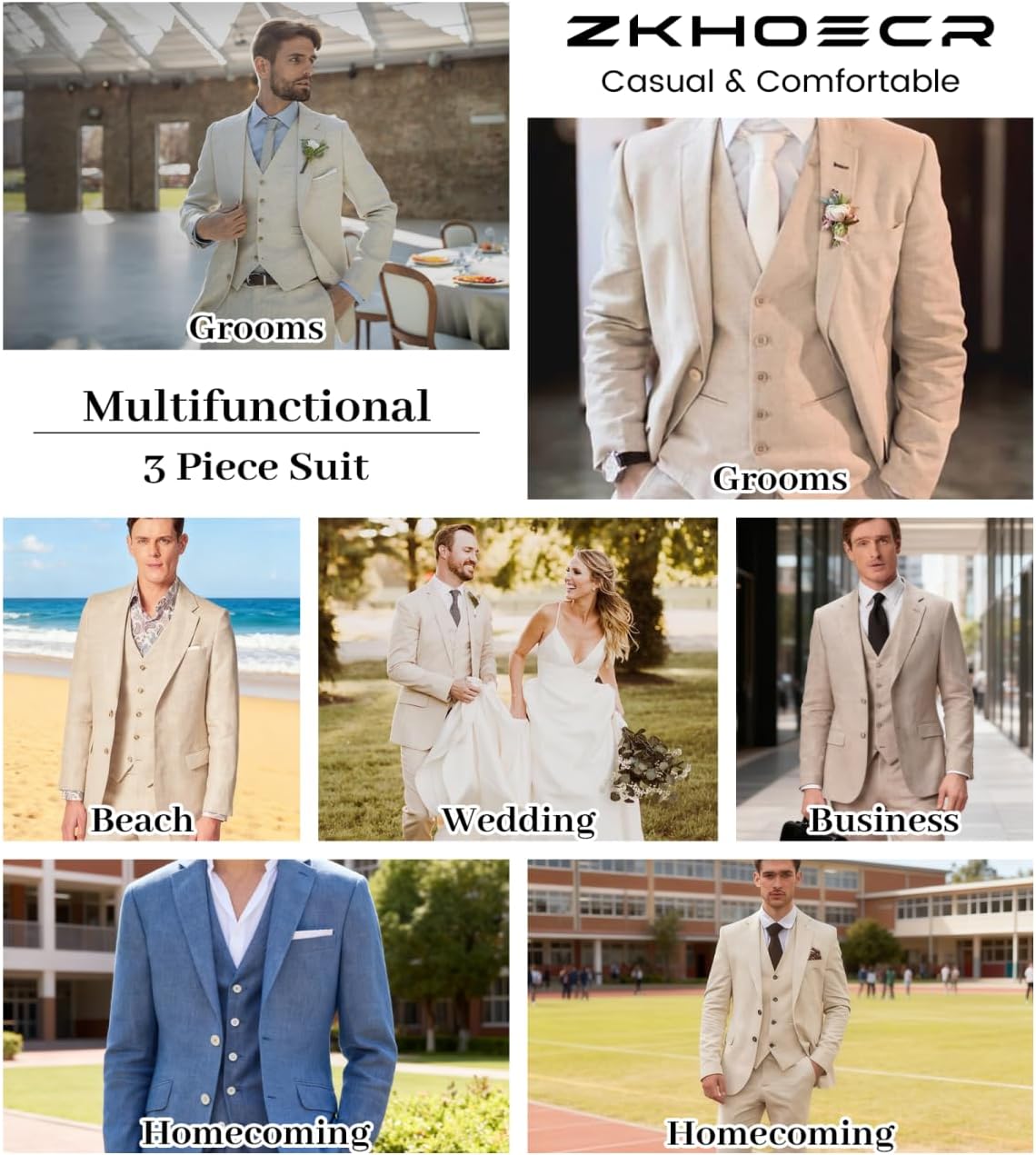 Men's Suit 3 Piece Linen Suits Slim Fit Suit Blazer Vest Pants Set Wedding Prom Tuxedos Business Casual Suit - Image 7