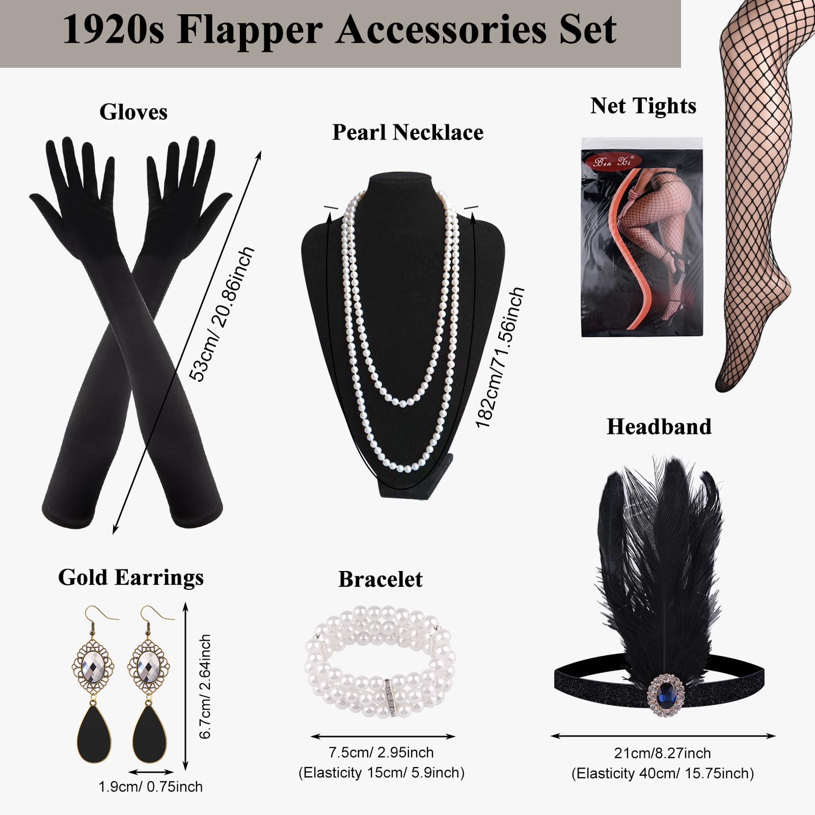 ELECLAND 10 Pieces 1920s Flapper Great Gatsby Accessories Set Fashion Roaring 20's Theme Set including Headband Headpiece Long Black Gloves Necklace Earrings for Women (Black Gold - Image 4