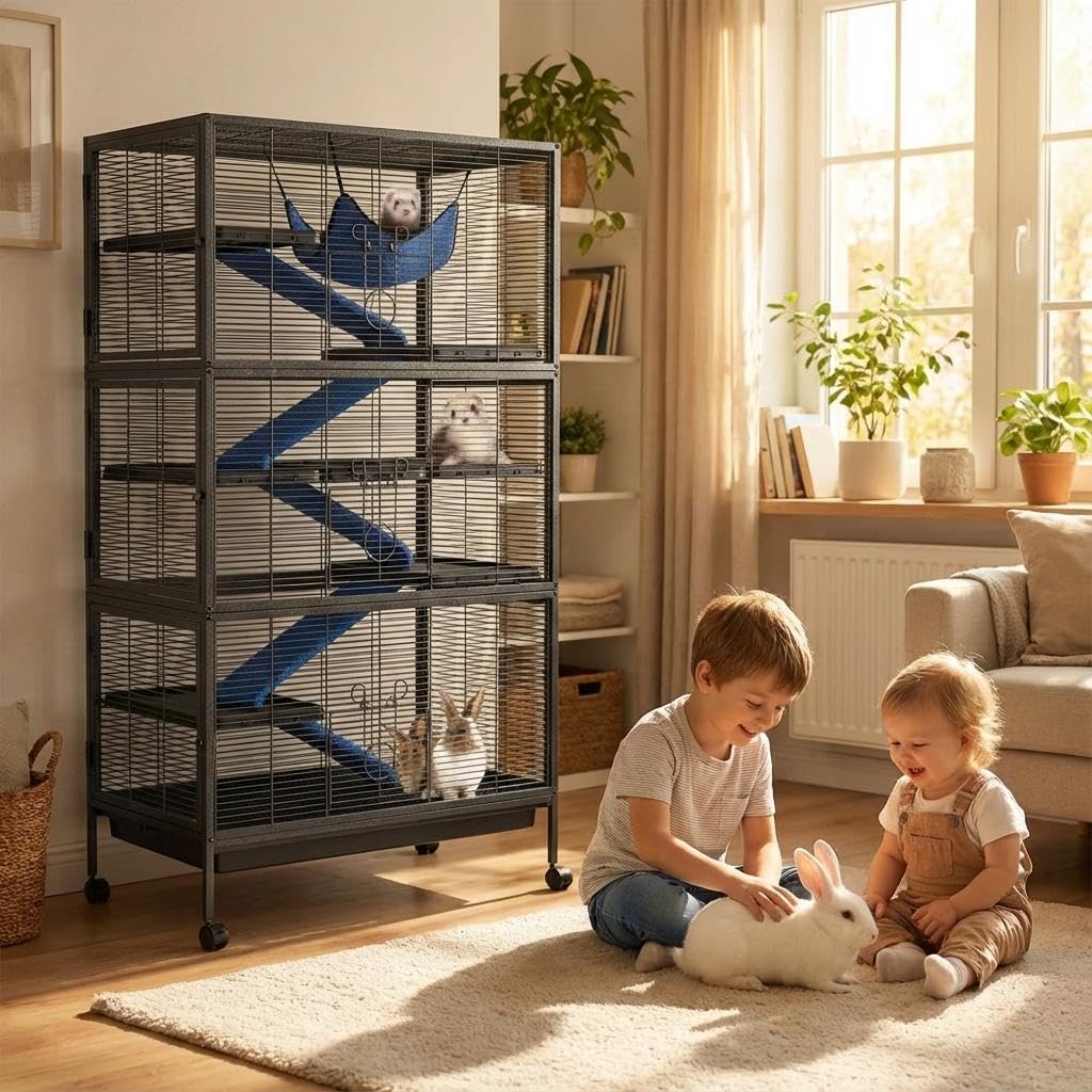 Small Animal Cage with Rolling Stand, Large 6-Tier Rat and Ferret Cage with 6 Doors, Removable Tray, Ramps & Hammock, 150cm Tall Metal Critter Habitat for Chinchilla, Guinea Pig, Indoor Rabbit