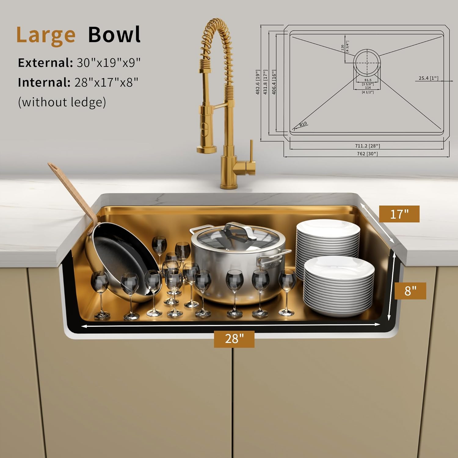 30 Inch Undermount Gold Kitchen Sink,16 Gauge Stainless Steel Kitchen Sink Single Bowl, 30"x19"x9" Ledge Workstation Sinks With All Accessories, Multi-Functional Workstation Sinks