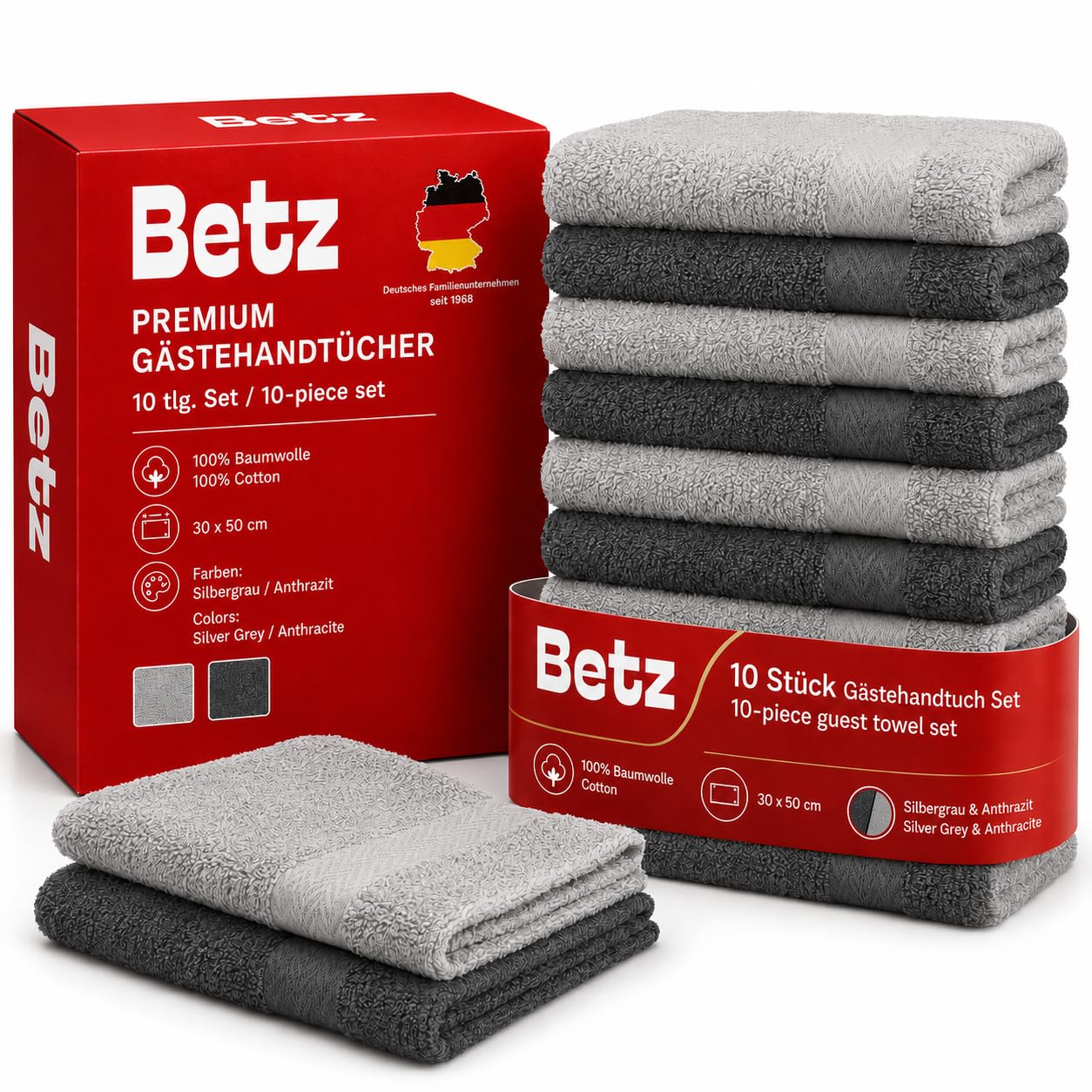 Betz Lot de 10 Serviettes d'invité Taille 30x50 cm 100% Coton Premium Couleur Gris argenté et Gris Anthracite
