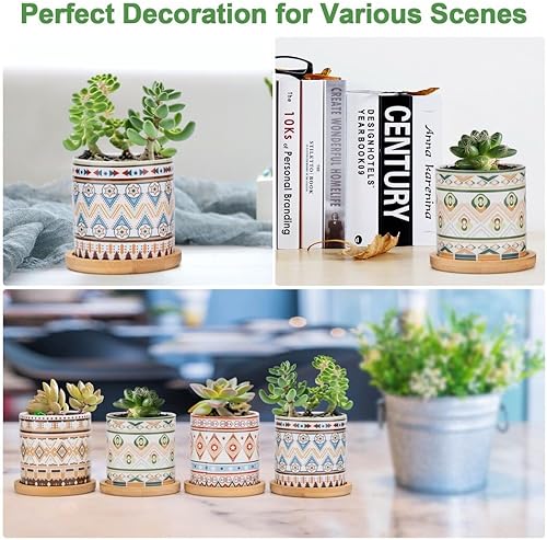 Miniatura 6 de Homaisson 4 macetas para suculentas con platillos, maceta de cerámica bohemia para suculentas, maceta pequeña con orificio de drenaje, macetas de