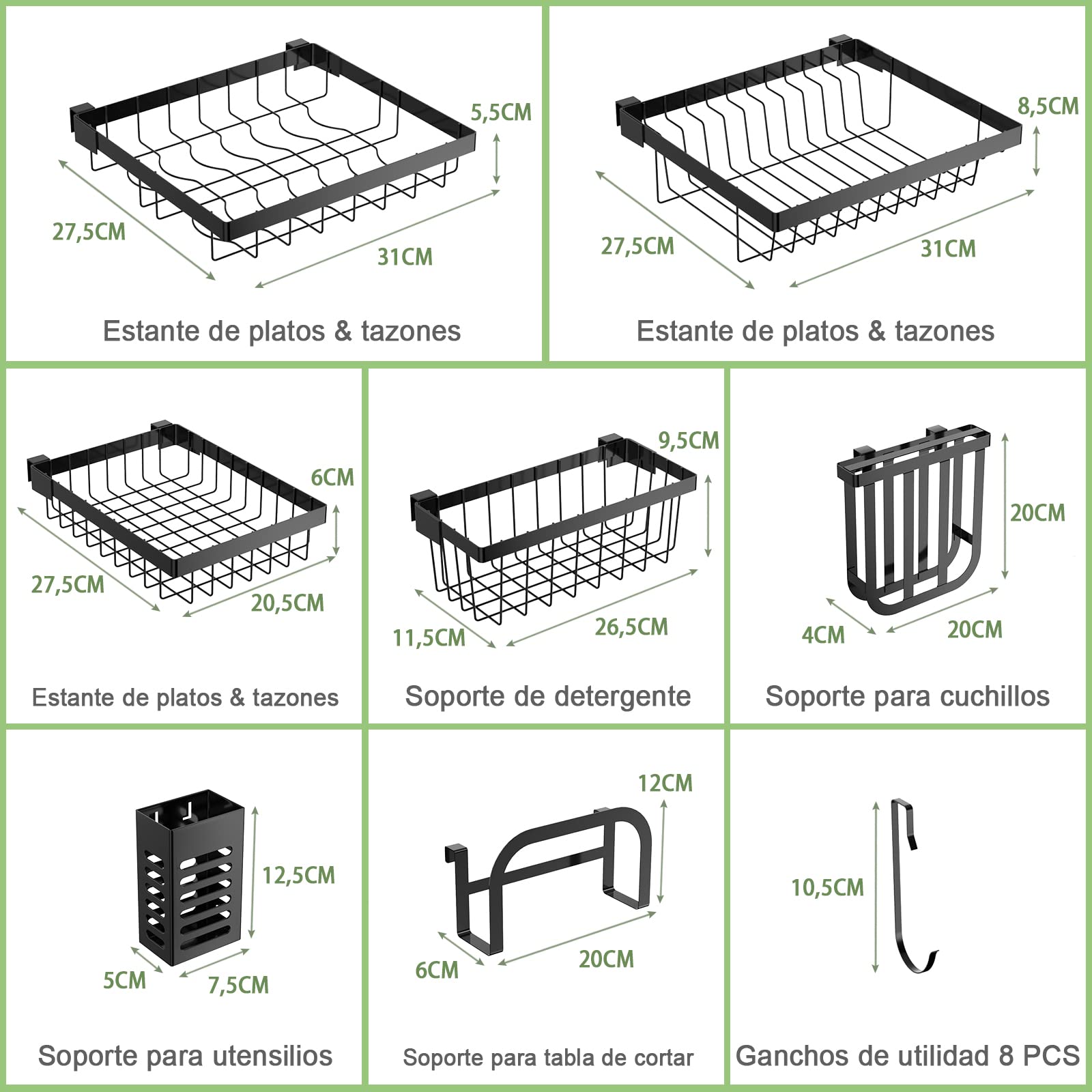 COSTWAY Escurridor de Platos, Escurreplatos sobre el Fregadero, Escurreplatos Ajustable en 2 Niveles (53-99 cm), Acero Inoxidable 4 Cestas y 8 Ganchos, Soportes para Utensilios y Cuchillos