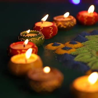 20 Pc Set Multicolor Decorated Small Clay KATORI Wax Filled Diya | Diwali Pooja Handmade Dia | Terracotta - Natural EARTHEN Diya - Handpainted with MDF Gift Package [Energy Class A]