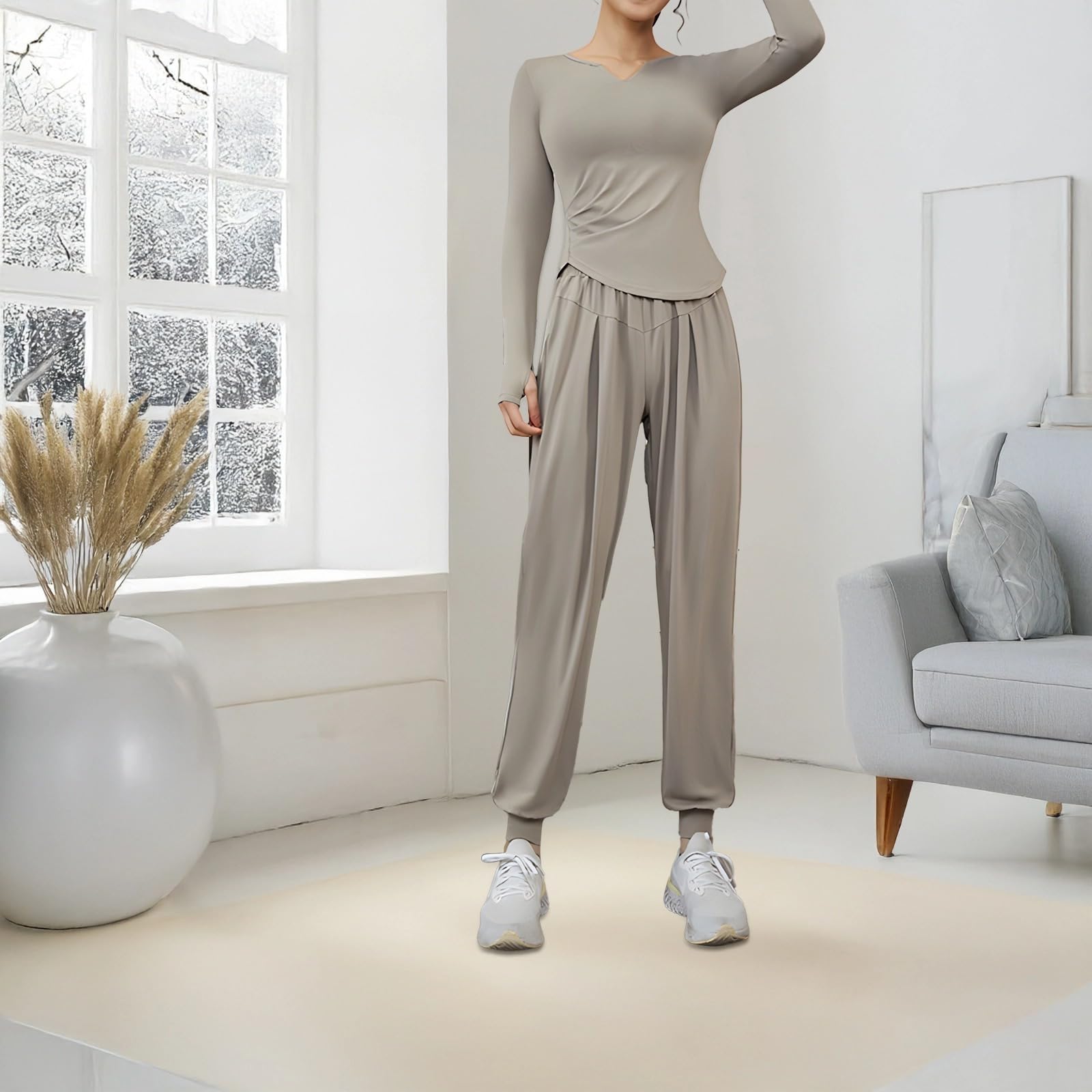 Tenue de pilates 2 pièces pour femme, Tc54014, ensemble de jogging et haut confortables en polyester-élasthanne, kaki, taille unique