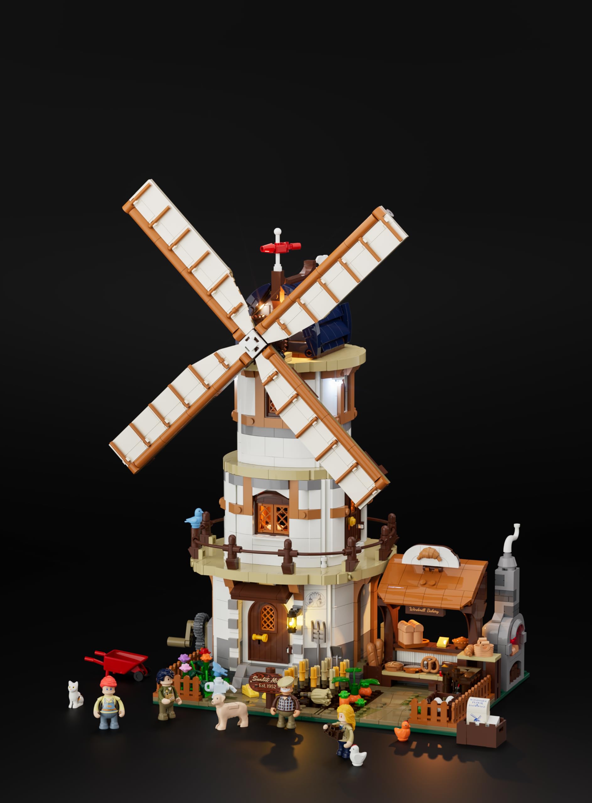 Lumibricks Dutch Windmill Millhouse zestaw klocków zaciskowych z oświetleniem, 2297 elementów, wiejski wiatrak z oświetleniem LED, obrotowym napędem wiatraka i scenami piekarniczymi, modułowy model