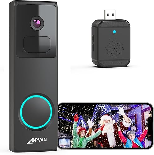 CPVAN Timbre de video inalámbrico con timbre - Timbre de video inteligente con batería FHD de 1080P con análisis de IA, detección de movimiento PIR
