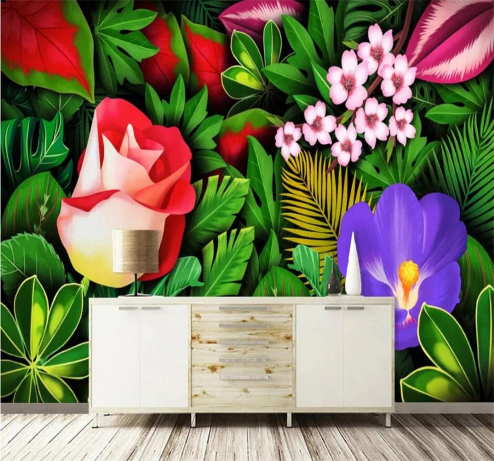 Xlming 300Cm×210Cm(B×H) Fresh Hand Drawn Jungle Banana Leaves Flowers 3D Wallpaper Luxury Home Dining Decor Paste Sofa Living Room The Wall For Bedroom Mural-300Cm×210Cm