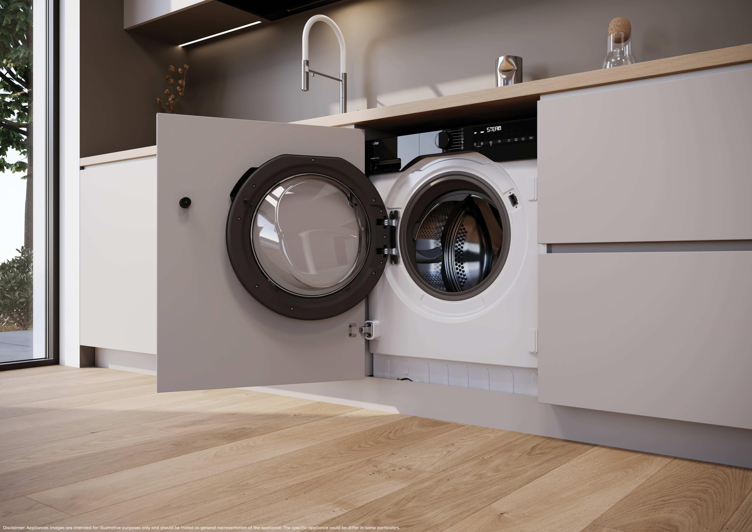 Haier BHA6S69M6DB9J-S - Lavadora Integrable Carga Frontal9KG, Clase A -30%, Función Vapor, Motor Inverter, Display Digital, 1600 RPM, Fin Diferido, Integración, 16 Programas, Blanco